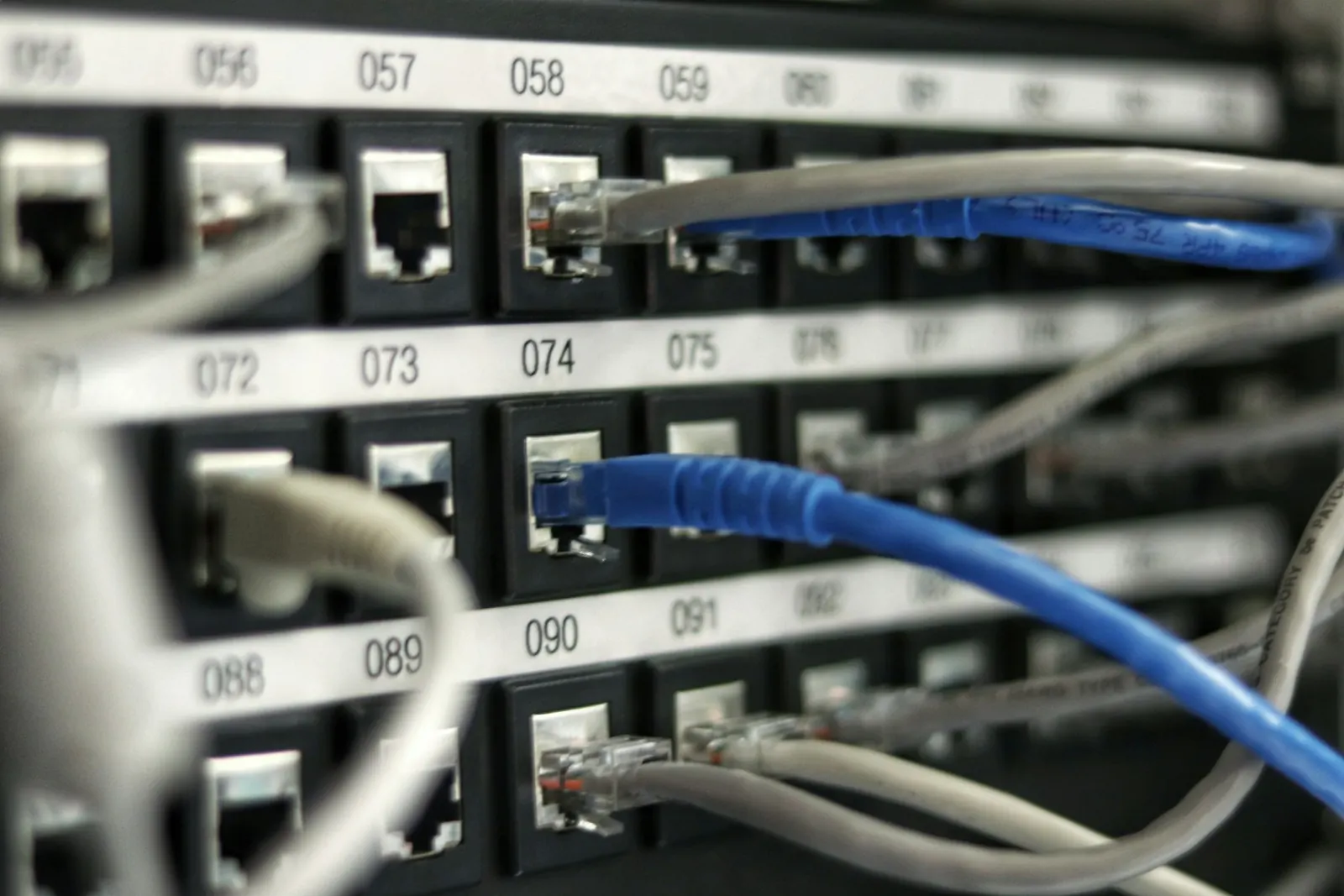 Network switch with ethernet cables connected along the front